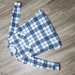 Pink White Blues Plaid Button Down Long Sleeve Stretchy Shirt With Chest Pockets